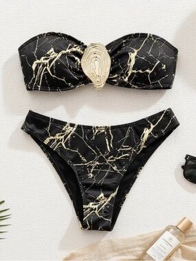 Commense Black Bikini with Gold Marble Accent